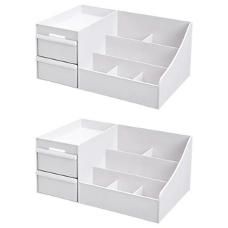 無印風化妝品桌面抽屜式收納盒, 大容量收納，節省空間，隱形把手設計，分隔分區設計, 白色, 2個