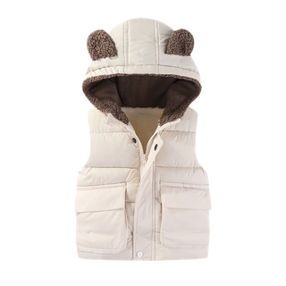 兒童款 秋冬羽絨熊耳朵背心外套 加絨 聚酯纖維, 90碼, 乳白色