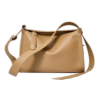 真皮牛皮寬肩帶女士定型肩背包 女包, 27 x 21 x 12cm, 杏色