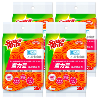 3M Scotch-Brite 百利 潔力豆海綿菜瓜布 餐具杯具不沾鍋專用, 4片, 4包