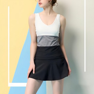 Summer love 夏之戀 大女長版二件式泳裝 上衣+薄裙連衣裙+泳帽 活動式罩杯, 白色 + 灰色 + 黑色