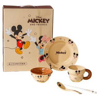 迪士尼 淘趣米奇一人食餐具組 可愛卡通陶瓷碗盤杯套裝, 1組