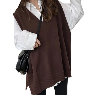 韓版 M833 寬鬆長版大V領針織背心, 胸圍(67cm)/衣長(67~70cm)/肩寬(35cm), 咖