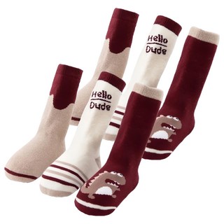 bebehome 加厚兒童毛圈襪 3件組-紅棕恐龍 防滑約9~11公分, S