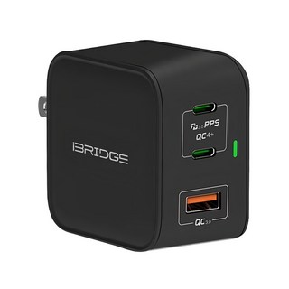 iBRIDGE GaN 65W 3Ports 充電器, 兼容PD3.0/PPS/FCP/SCP協議, USB-A x1, USB-C x2, 黑色, 1個