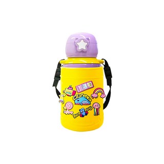 BEAR BENS 熊本士 動動樂DIY系列保溫瓶 附水壺套 360ml 316醫用級不鏽鋼 耐咬矽膠吸管 一杯二蓋 24H保溫保冷, 黃色, 1個