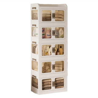 HOUDER 摺疊層櫃 五層櫃 70 x 42 x 194cm 多層收納空間, 白色 + 透明色, 1個