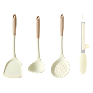 couselect 不粘鍋矽膠耐高溫廚具4件組, 1組, 白色, 鍋鏟10 x 32.5cm + 湯勺9 x 28.5cm + 漏勺 10 x 32.5cm + 食物夾 4.5 x 26.5cm