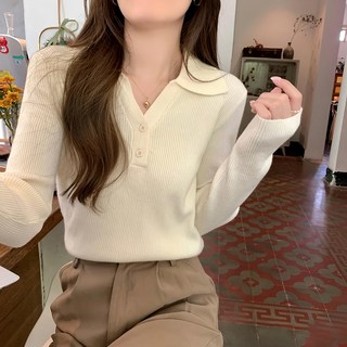 翻領小V領鈕扣長袖打底衫 FB5028 1件, 肩寬37cm胸寬40cm袖長49cm衣長52cm, 杏