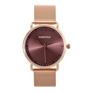 MARIGOLD 美爾朵 刻畫我倆的日夜無間米蘭金屬鍊帶手錶, 霧光感放射紋表面, 酒紅面玫金帶