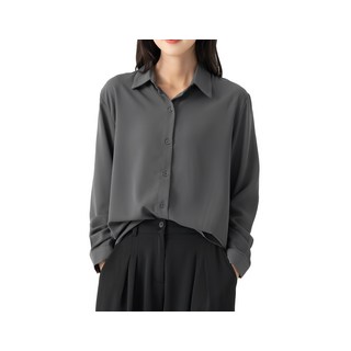 CARET 女款素色長袖襯衫, 均碼, 炭灰色