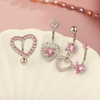 gelluna 女性用醫療鋼粉紅愛心方晶鋯石垂墜肚臍環4件組 BP-26