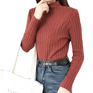 韓版半高領彈性修身顯瘦針織上衣, F, 磚紅色