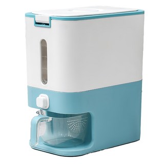 自動式按壓出料儲米桶 藍色 12L大容量 防潮密封米箱 附量杯, 1個, 34 x 21 x 39cm