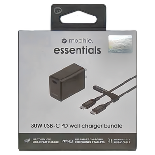 Mophie essentials 30W USB-C PD 壁式充電器組合 1M USB-C至USB-C纜線, 黑色, 1個
