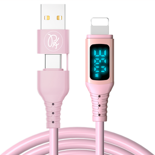 PICKOGEN 皮克全 36W 快充 二合一 Type-C USB-A TO Lightning PD 充電傳輸線 VAW 數顯 液態矽膠 神速 1.8m 粉色, 1條