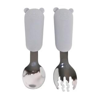 Sweet Lil' Monster 怪獸寶貝 熊熊不銹鋼叉匙隨行組 Set, FDA抗菌不銹鋼, 食品級矽膠, 1組, 氣質灰, Spoon, Fork