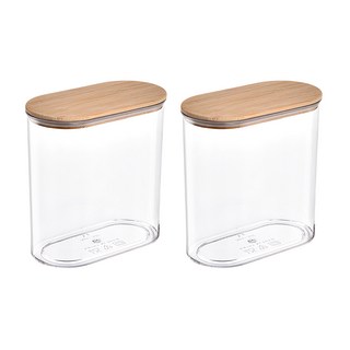 JOSIC 楠竹木蓋密封雜糧罐 透明色 1L 橢圓形設計 可堆疊收納 廚房收納好幫手, 2 個容器 + 2 個蓋子, 2個