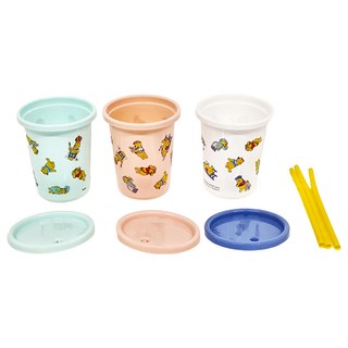 Skater 可疊放吸管杯組 杯子含蓋 3個 + 拋棄式吸管 3個, 晚安維尼 青色 + 橘色 + 白色, 1組