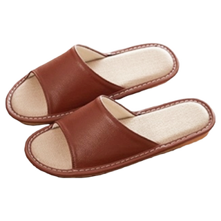 真皮頭層牛皮配亞麻防滑室內拖鞋 LS38, 淺棕色, 1雙