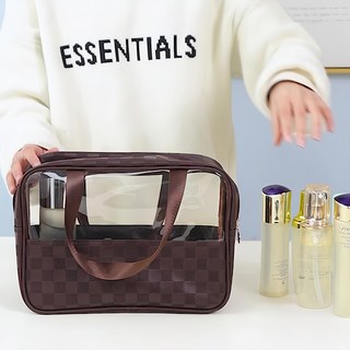iSFun 高雅格紋 PVC半透視手提防水小化妝包, 棕色, 1個
