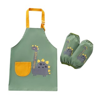 兒童動物印花小口袋防水防油圍裙 畫畫兜+袖套,110碼 建議3-6歲,恐龍, 兒童, 恐龍 綠色 + 黃色