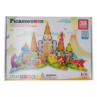 PicassoTiles 畢卡索 彩繪磁力片積木 附8個活動人偶 38塊, 恐龍, 1組