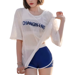 女生三件式分體泳衣 平角泳衣套裝 - 無鋼圈, 有襯墊 (可取出), M/L/XL, 藍色