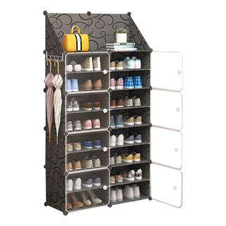 多功能 側開式 2列8層 + 頂部置物架組合鞋櫃, 黑色, 1個