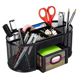 AHOYE 不鏽鋼中型辦公桌面筆筒收納盒, 多格設計含8個隔層和1個滑動抽屜, 金屬網格材質, 堅固耐用, p01_05242791, 1個