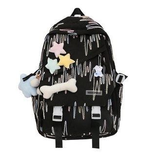 HENRAY 韓系INS風格潮流後背包,黑色,可愛吊飾學生背包,多隔層設計,可調節肩帶, 1個