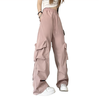 HL4097 復古鬆緊直筒工裝褲, 腰寬27cm 臀寬50cm 大腿寬30cm 褲腳寬24cm 全長101cm, 粉色