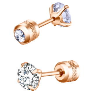 耀眼美人 雙鋯石鑽醫療鋼不銹鋼耳環 AAA鋯石超閃爍 耳針直徑0.8MM 前鋯石4MM 後鋯石 2MM, 閃耀玫瑰金