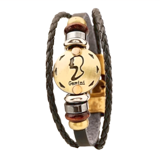 真皮頭層牛皮編織搭合金手環 時尚奢華 星座手環, 長(20.5~21cm) 高(1cm), 雙子