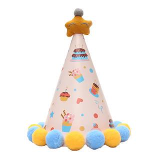造型毛球生日帽 高約18.5cm*帽子直徑約14cm 厚卡紙, 星星黃藍, 1個