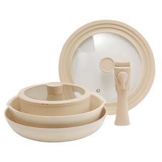 CooK&CooK 萬用IH鍋具6件組, 泡麵鍋18cm + 矽膠玻璃鍋蓋18cm + 萬用鍋24cm + 平底鍋7 26cm + 鍋蓋 22~26cm適用 + 手柄, 1組, 象牙白