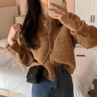 復古小香風圓領針織外套, 肩寬37cm 胸寬45cm 袖長50cm 全長49cm, 卡其