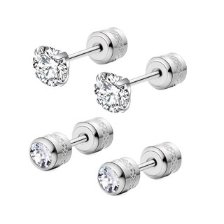 耀眼美人 醫療鋼不銹鋼耳環 Set 4個, 閃耀靜謐黑雙鋯石, 不鏽鋼 銀色
