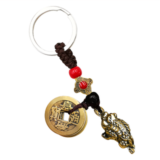 開運金蟾 招財五帝錢鑰匙圈 硫化 + 五帝銅錢 全長約9.8cm, DSTL-1090, 1個