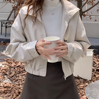 超軟皮短款拉鍊外套, 肩寬59cm x 胸寬51cm x 全長49cm x 袖長51cm, 豆乳米