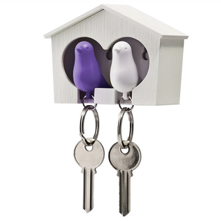 QUALy Duo Sparrow Keyring-Key Ring Holder 雀兒愛巢 QL10124-WH-WH-PU, 白屋 + 白鳥 + 紫鳥, 1組