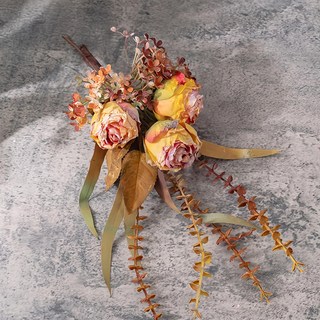 Jenan 知念 燒玫瑰三頭仿真花束, 總體高度42cm, 黃色, 1個