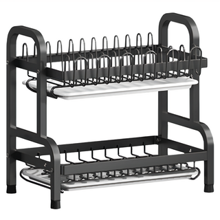 碗碟架 附水杯架 加厚碳鋼材質 42x23.5x42cm, 黑色, 1個, 2層