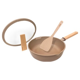 Taste plus 悅味 悅味元麥 陶土內外不沾鍋/平底炒鍋 IH全對應 附瀝水鍋蓋 + 木鏟, 1個, 28cm