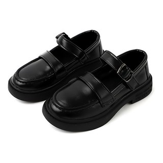 Rulushu 女童基本款腰帶樂福鞋皮鞋, 黑色, 195mm