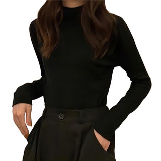 Chic韓版 女款 微卷邊小高領親膚多色打底衫, F, 黑