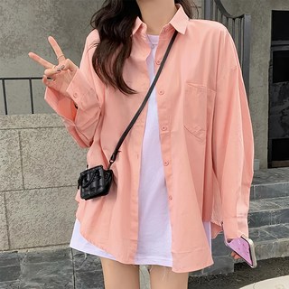 寬鬆素面長袖襯衫, 棉+聚酯纖維, 全長76cm 肩寬51cm 胸寬57cm 袖長55cm, 粉色