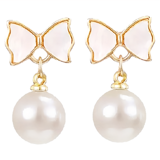 ROCiO 無耳洞耳夾式耳環，頂級CZ鑽淡水珍珠鍍14K金, 金色 + 珍珠白