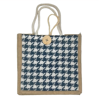 暖&和家居 手提麻布包, 通勤收納小包 - 千鳥格藍, 藍色, 長21.5cm、寬11.7cm、高19.8cm，提把高13.4cm