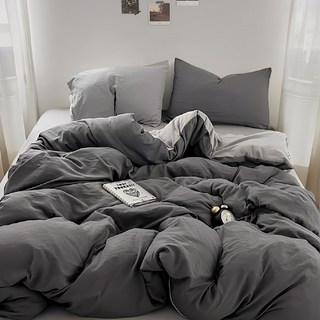 柔軟微皺水洗棉床包 四件組 雙拼 芝麻霧灰, 180 x 200cm